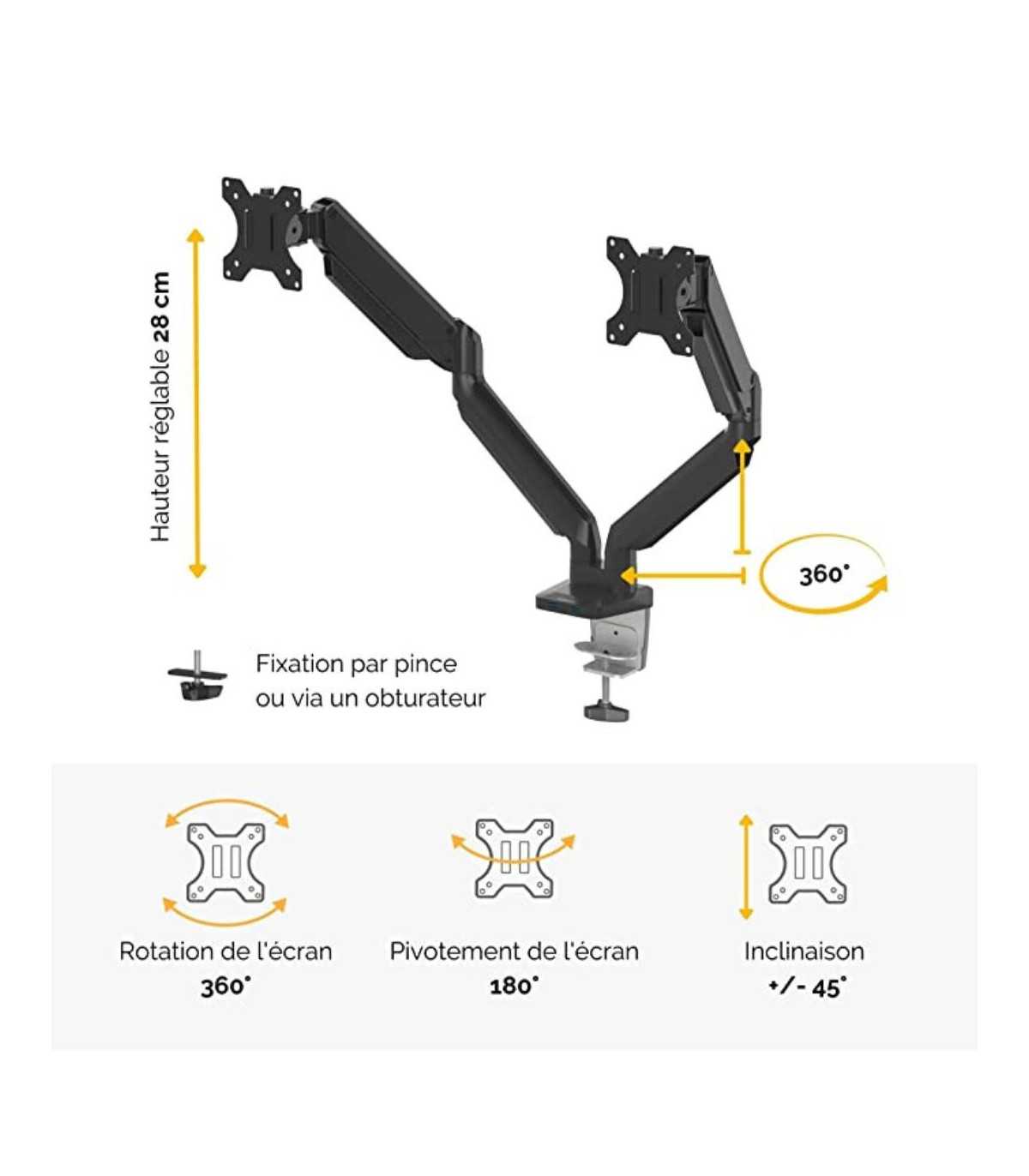 Fellowees Bras Double Platinum Series - Kit de montage bras réglable pour 2 moni