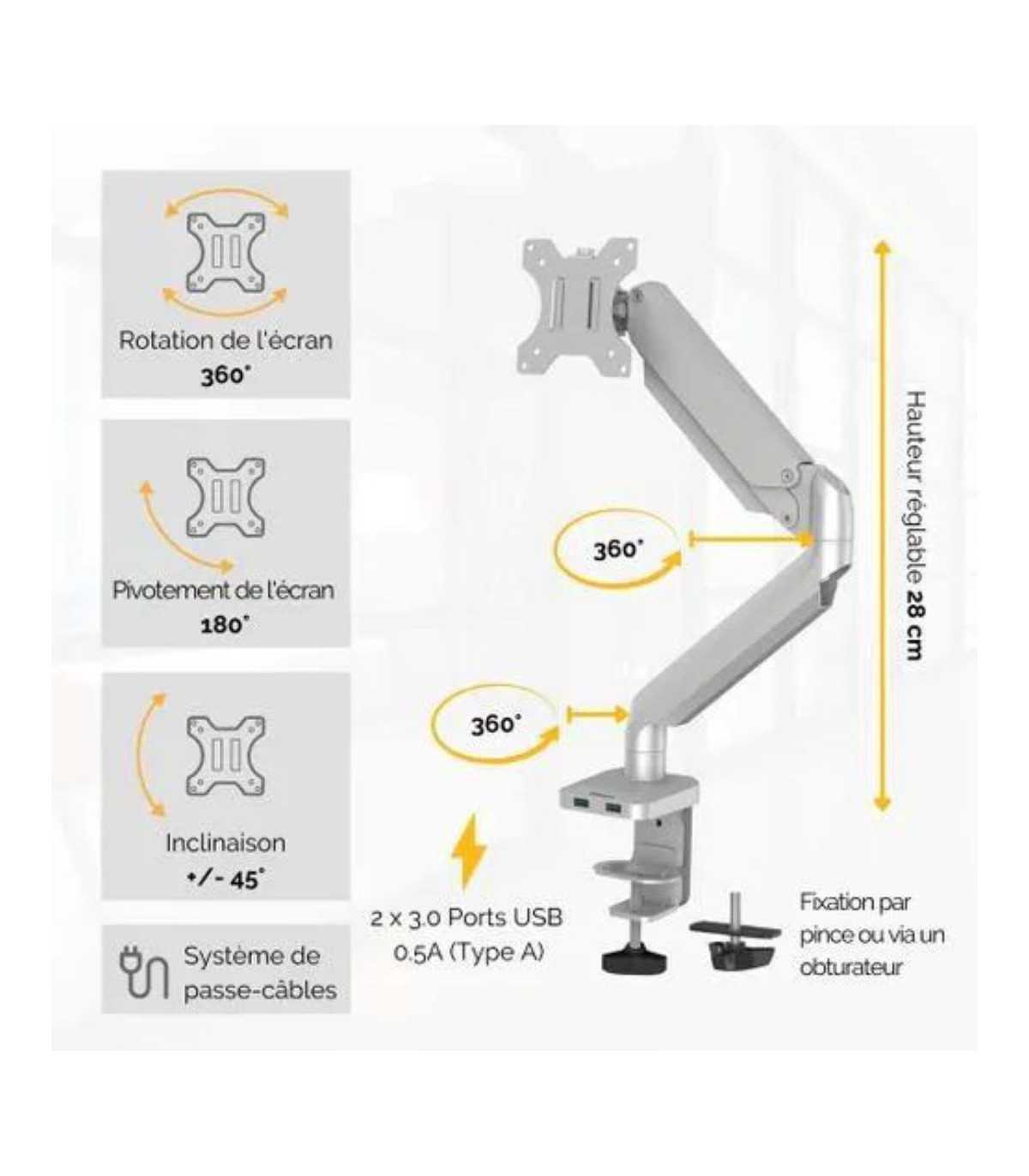 FELLOWES BRAS PORTE-ECRAN SIMPLE GRIS PLATINUM SERIES