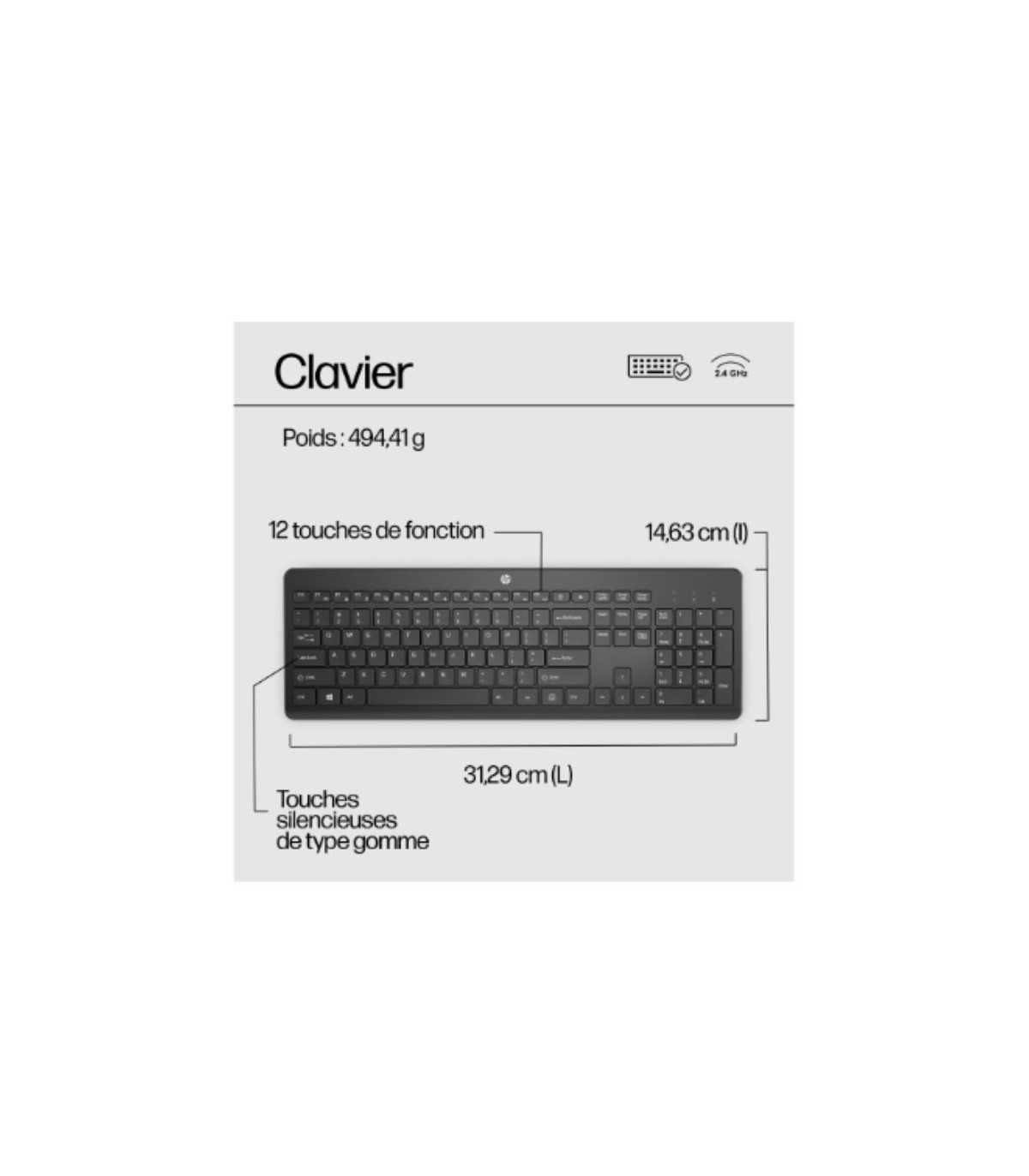 $HP - Clavier sans fil 230 - AZERTY - 2,4 GHz - silencieux - batteries longue du