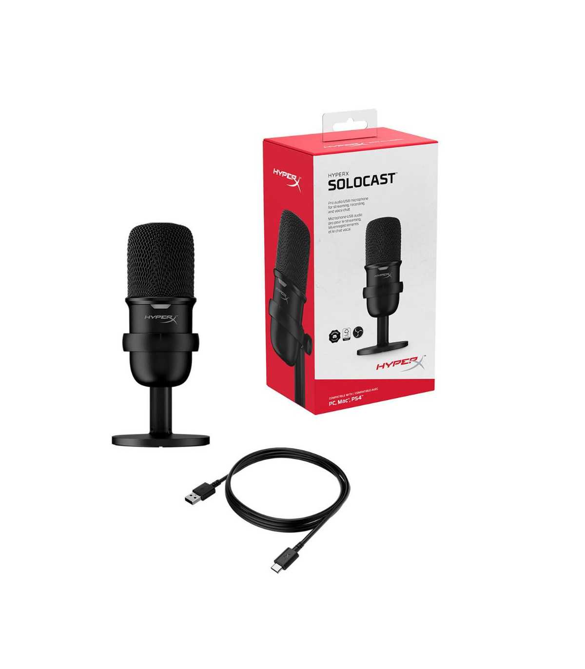 Microphone HyperX SoloCast Noir,Cardio de, Enregistrement audio Plug N Play avec
