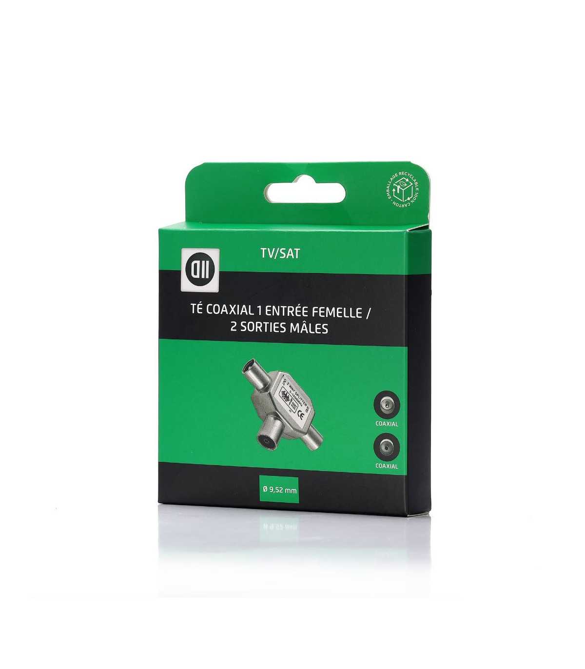 Té Coax 9.52mm 1 entrée Femelle / 2 sorties M le