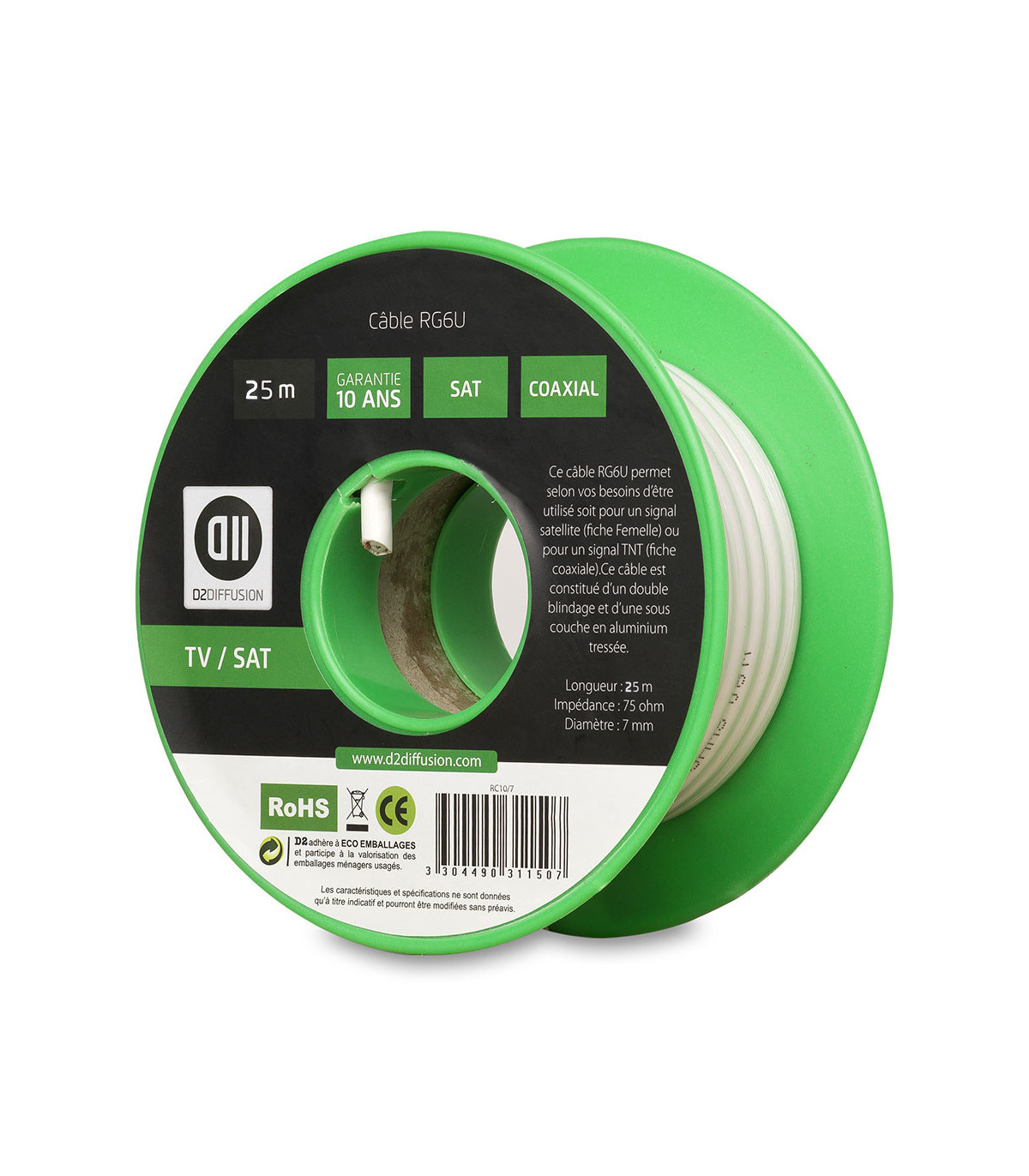 Bobine de c ble Coaxial 25 m Blanc diamètre 7mm