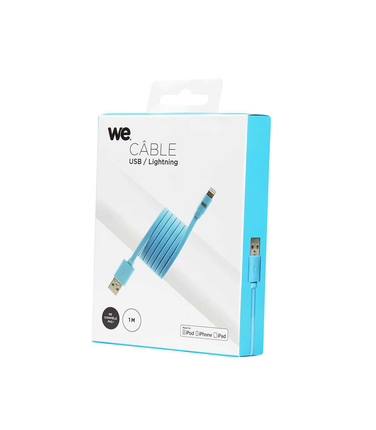 C ble Apple USB/lightning plat: évite de faire des noeuds 1m bleu - en silicone