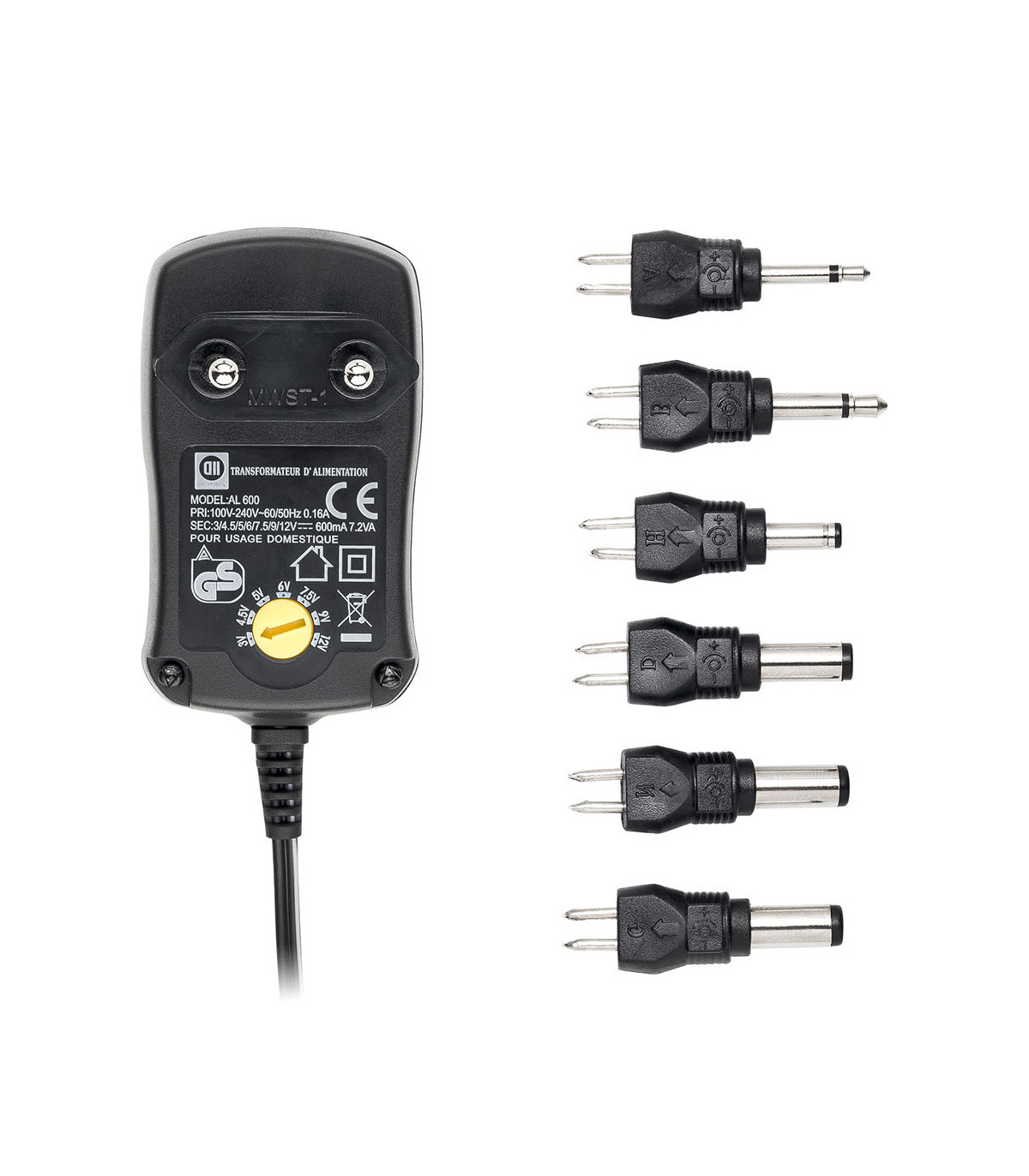 Bloc d'alimentation Universel 600mA -6 fiches - Entrée 240V 7.5W Sorties 3/4,5/5