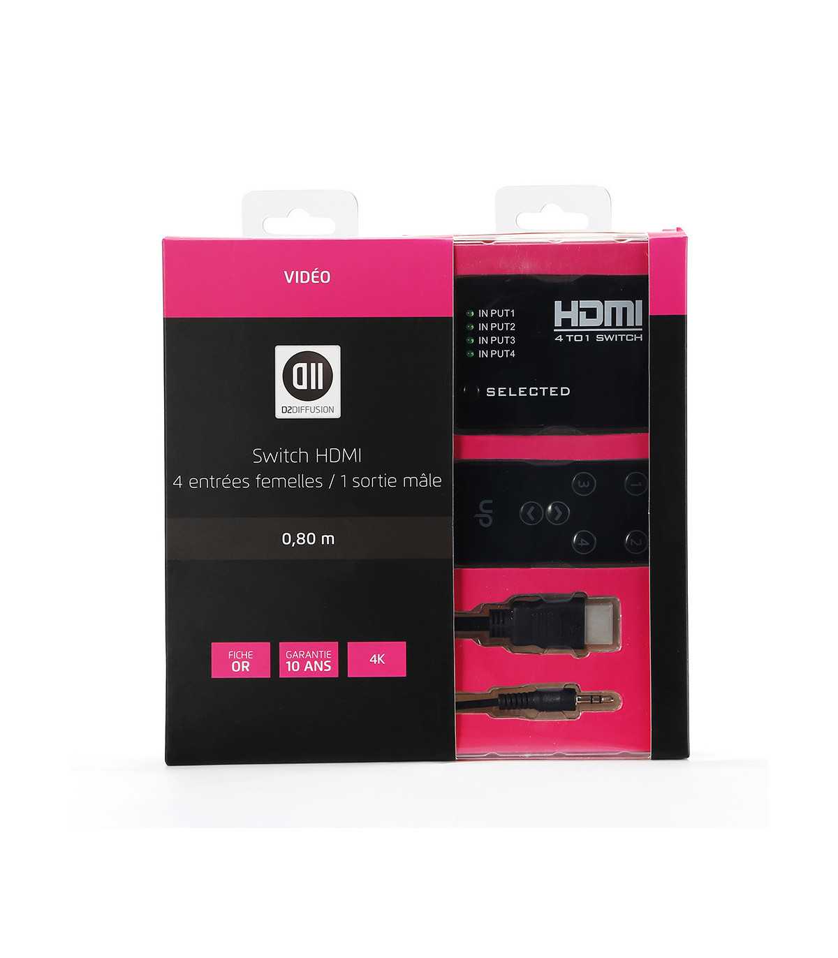 Switch HDMI 4 entrées 1 sortie support le 4K avec une télécommande c ble HDMI