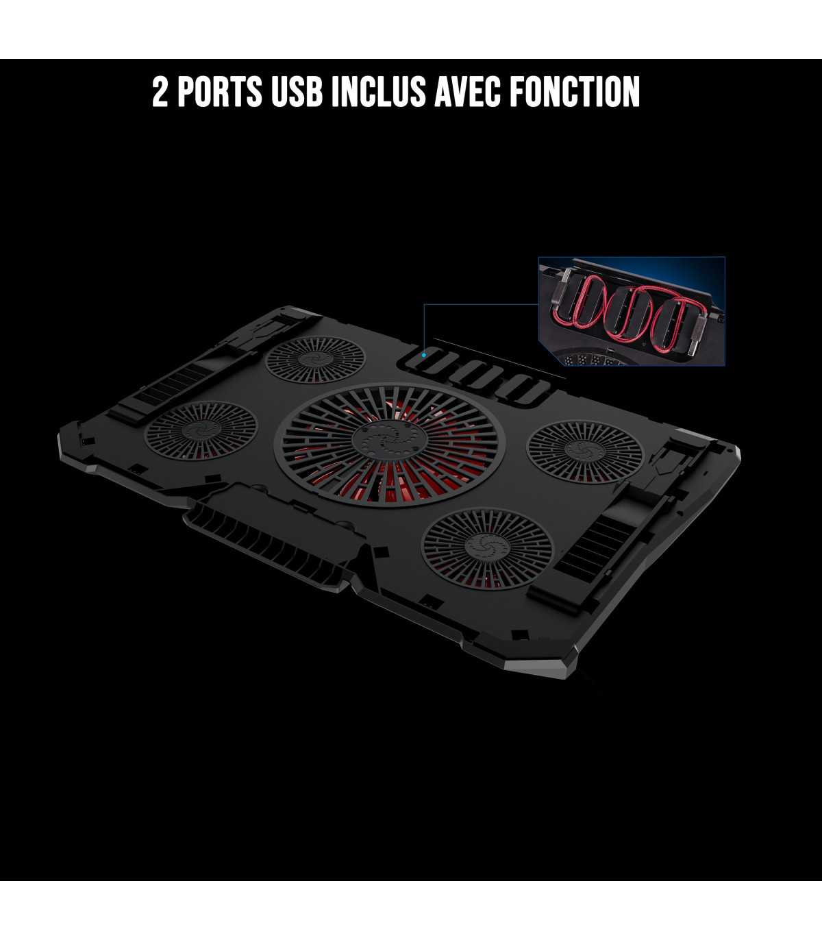Refroidisseur Gamium pour PC jusqu'à 17'' - 5 ventiltateurs Leds rouge et 2 port