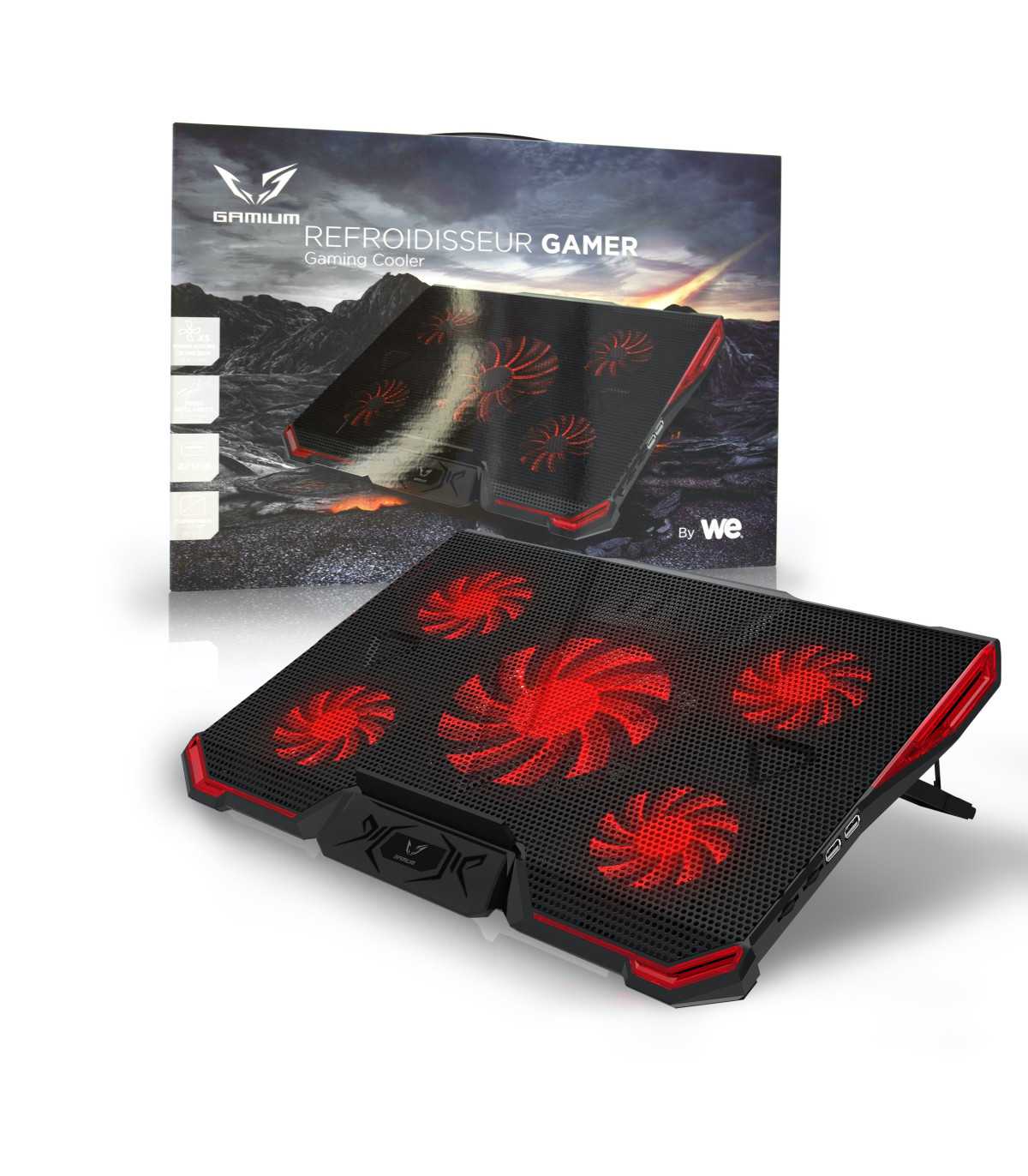 Refroidisseur Gamium pour PC jusqu'à 17'' - 5 ventiltateurs Leds rouge et 2 port