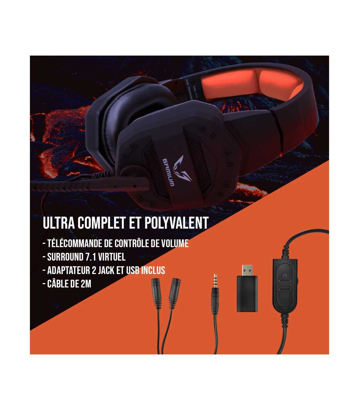 Casque Gamer filaire sortie 2 jack Surround virtuel 7.1 micro adaptateur 2 j