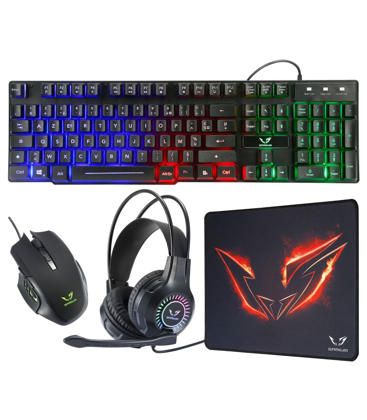 Pack Gamer 4-en-1 filaire pr PC Casque micro rétro-éclairé clavier avec LED RG