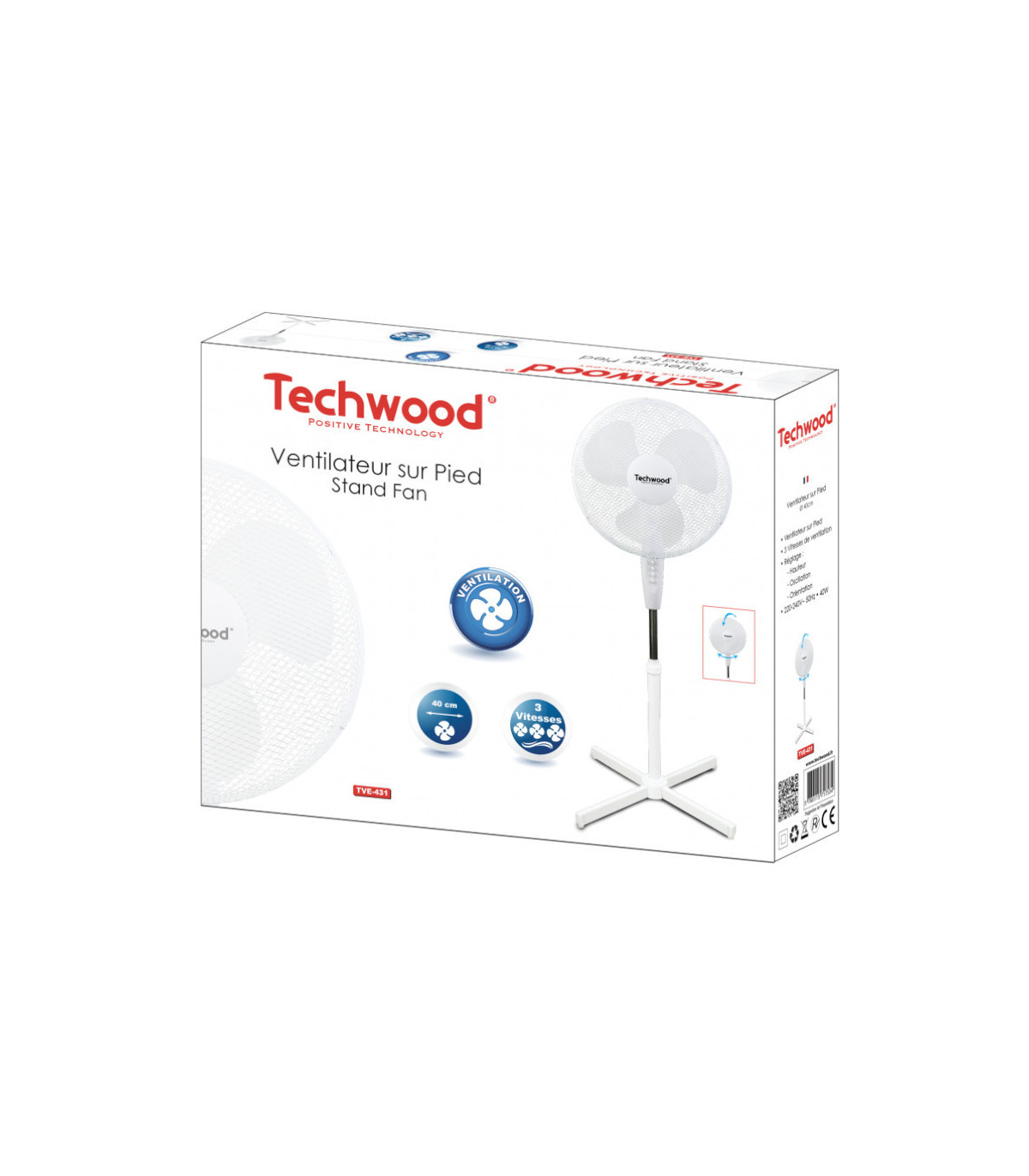 Ventilateur 40 Cm sur Pied TECHWOOD Sélecteur 3 vitesses Diamètre 40 cm Rég-Haut