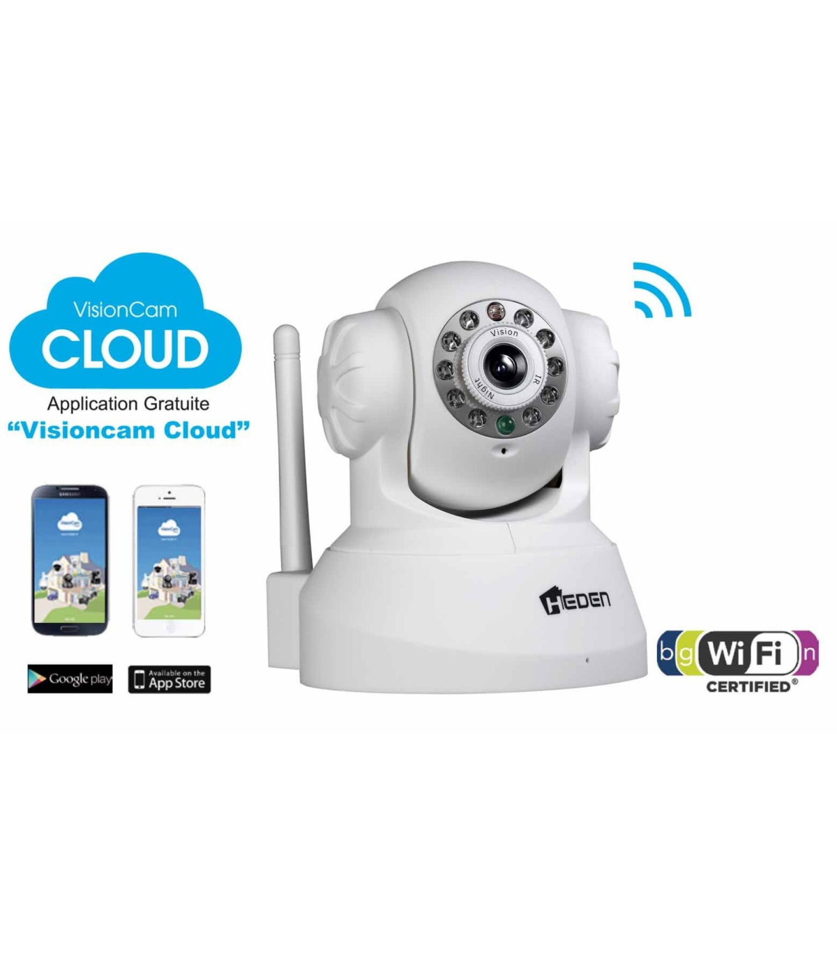 Camera IP VisionCam Cloud, HEDEN, interieur motorisee, V2,4 Blanc