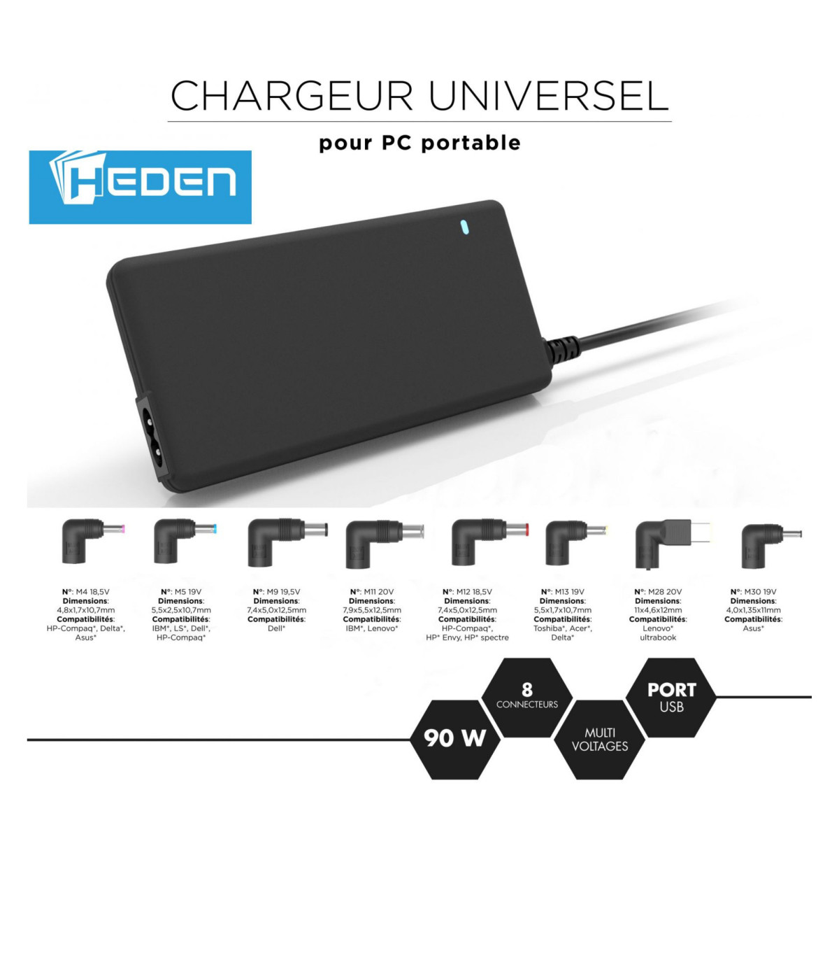 Chargeur universel pour PC portable 90W Format slim , 1 port USB intég 8 fiches