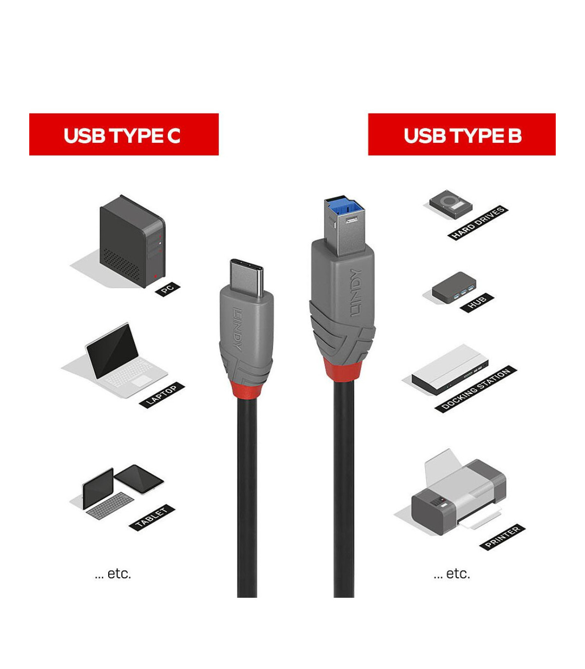 C ble USB 3.2 Type C vers B, 5Gbit/s, Anthra Line, 2m